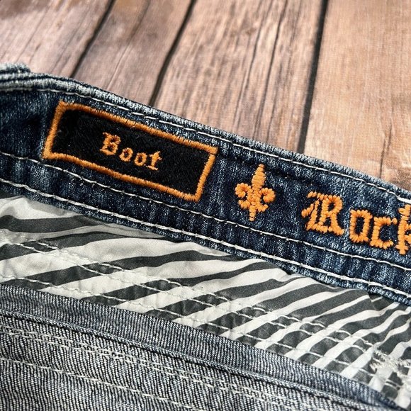 Rock Revival Ele Bootcut Stretch Jeans 27x34 Mens Blue Denim Thick Stitch Flap - Picture 6 of 13